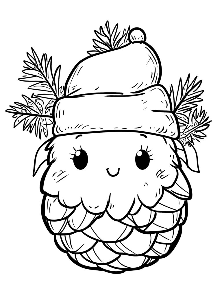 Smiling Pinecone Character Wearing a Festive Santa Hat with Cheerful Eyes and Cute Expression Surrounded by Evergreen Branches Kids Christmas Printable Coloring Pages By Best Printable