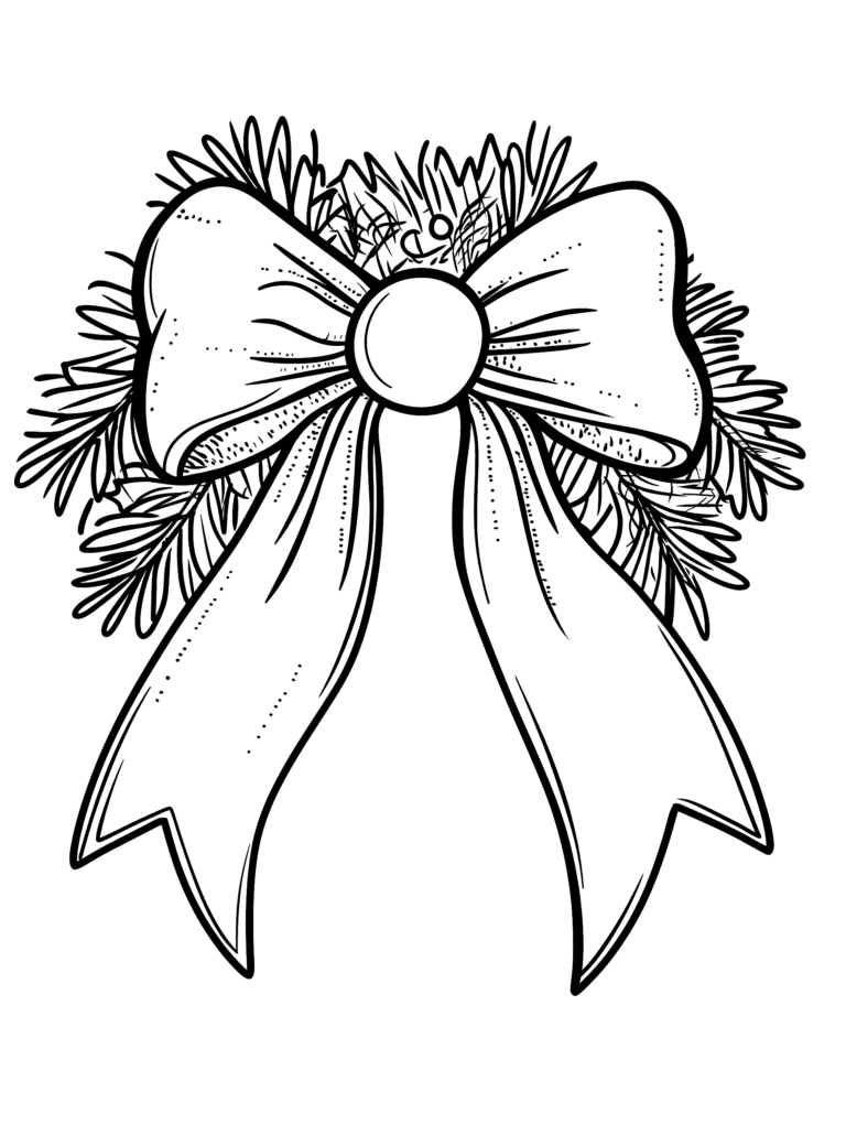 Elegant Festive Bow with Lush Evergreen Branches and Charming Berries Perfect for Holiday Decoration Kids Christmas Printable Coloring Pages By Best Printable