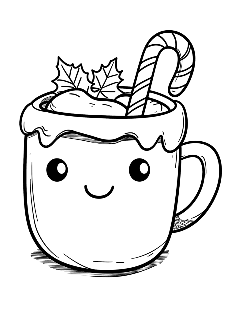 Smiling Festive Hot Cocoa Mug with Whipped Cream Candy Cane and Holly Leaves Kids Christmas Printable Coloring Pages By Best Printable