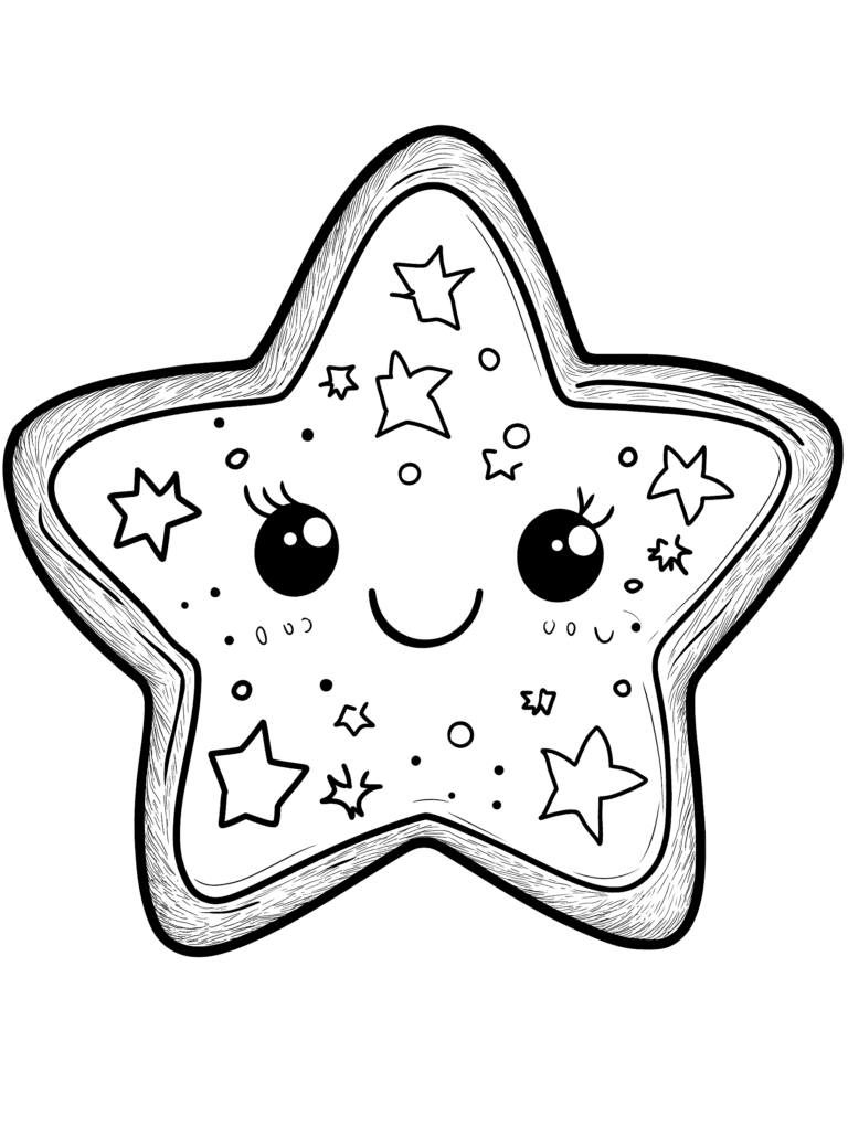 Adorable Smiling Star with Big Eyes and Little Stars Scattered Inside a Playful Outline Design for Coloring Fun Kids Christmas Printable Coloring Pages By Best Printable