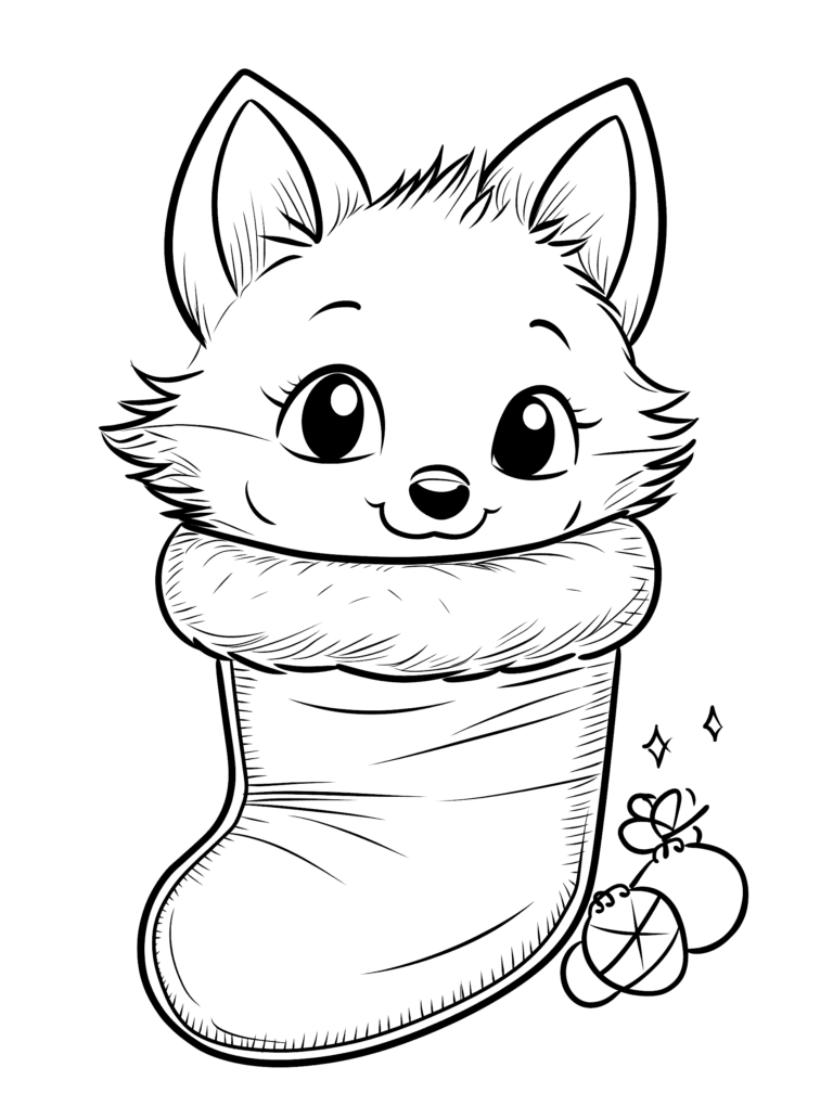 Adorable Fluffy Fox Peeking Out from a Cozy Christmas Stocking with Sparkling Holiday Decorations Kids Christmas Printable Coloring Pages By Best Printable