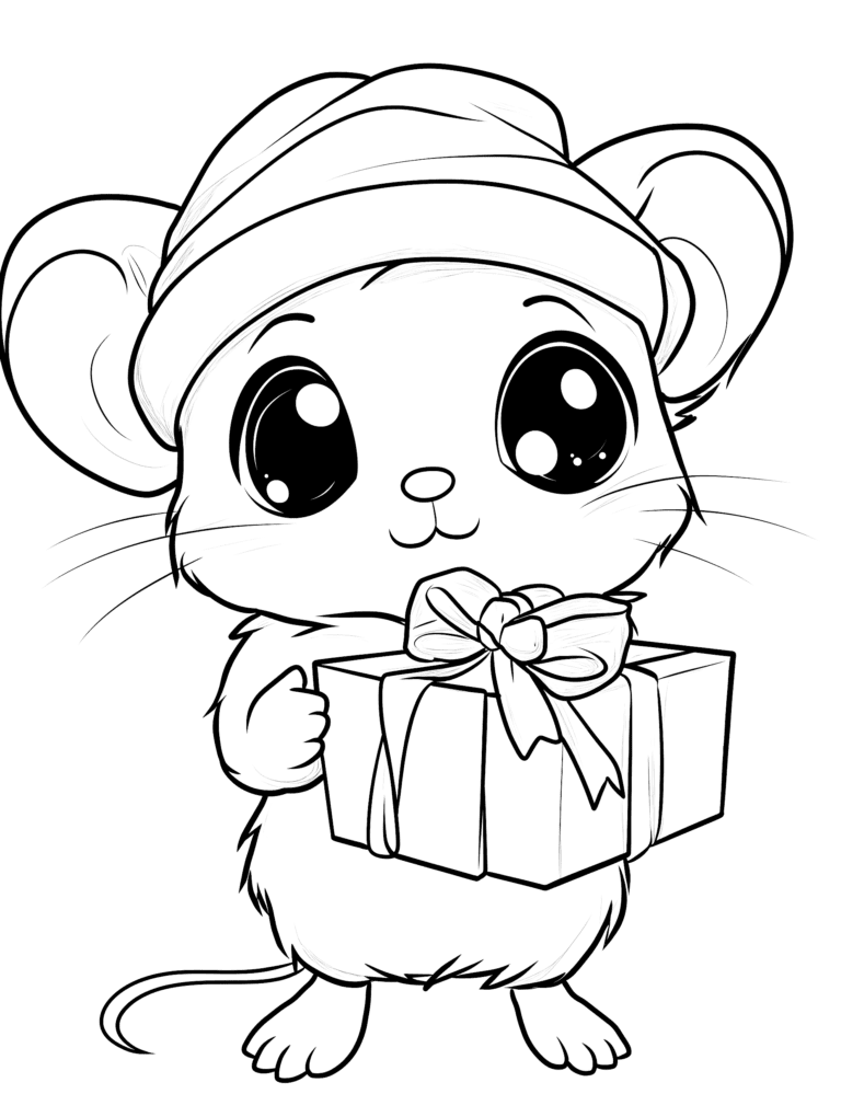 Adorable Little Mouse with Big Bright Eyes Wearing a Cozy Winter Hat and Holding a Gift Box Tied with a Ribbon Bow Smiling Sweetly and Ready for Festive Celebrations Kids Christmas Printable Coloring Pages By Best Printable