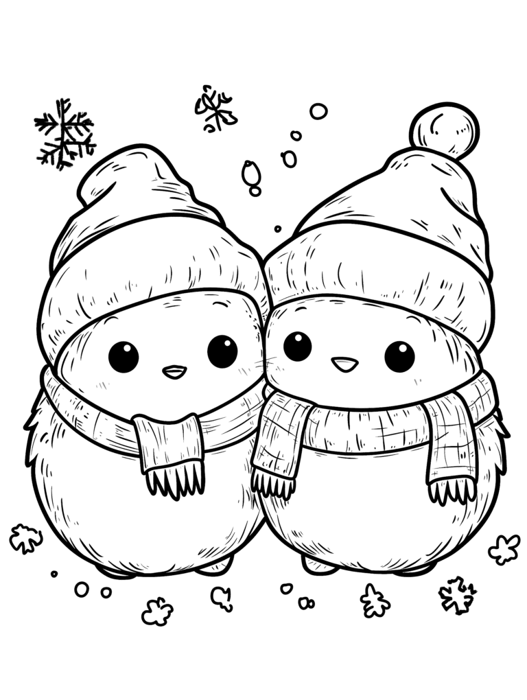 Adorable Winter Penguins in Cozy Hats and Scarves Surrounded by Falling Snowflakes and Patterns of Tiny Autumn Leaves Kids Christmas Printable Coloring Pages By Best Printable