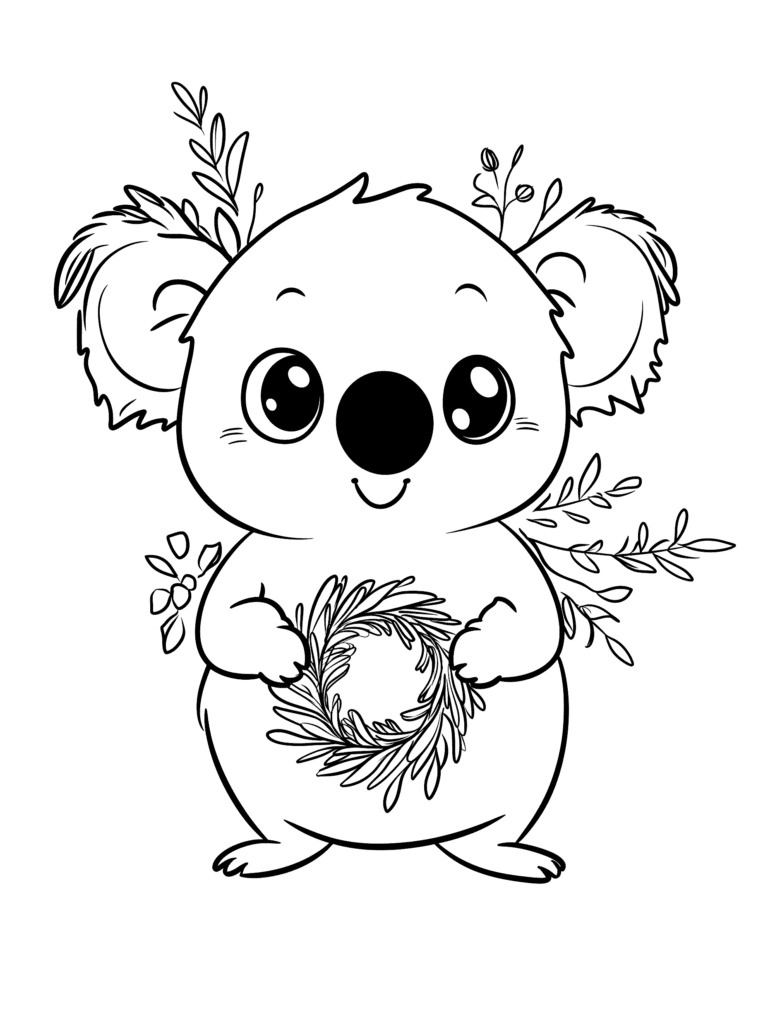 Adorable Koala Holding a Delicate Leafy Wreath Surrounded by Whimsical Sprigs and Foliage Kids Christmas Printable Coloring Pages By Best Printable