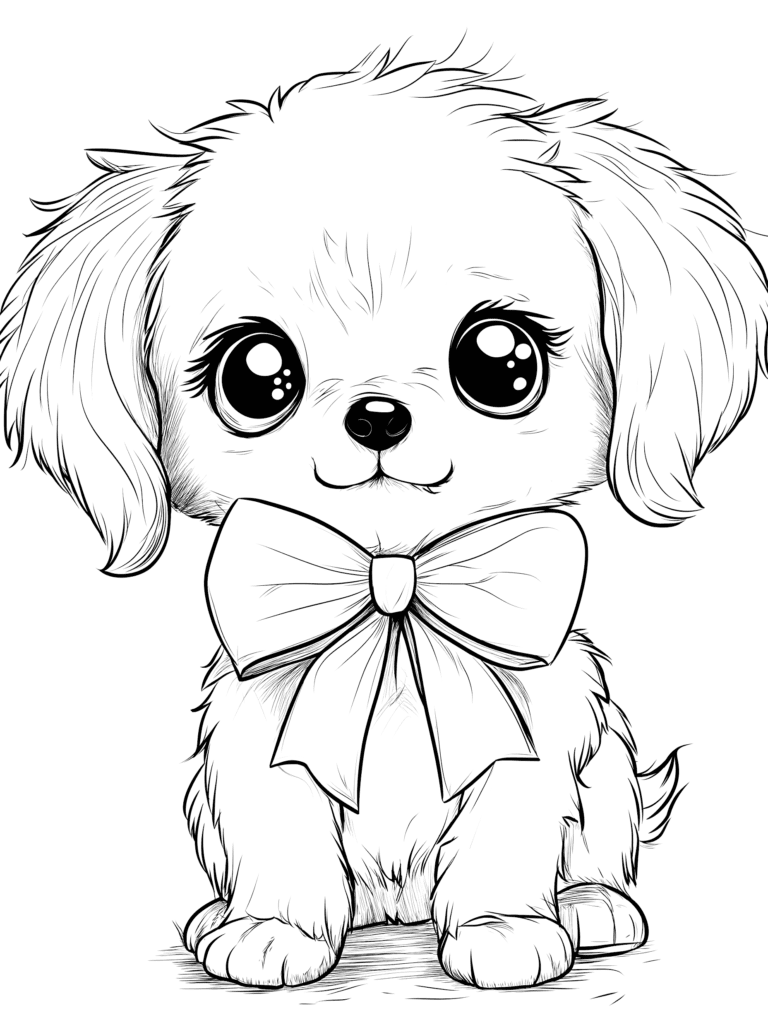 Adorable Fluffy Puppy with Big Sparkling Eyes and a Giant Ribbon Bow Sitting Innocently on the Floor Ready for Fun and Colorful Adventure Kids Christmas Printable Coloring Pages By Best Printable