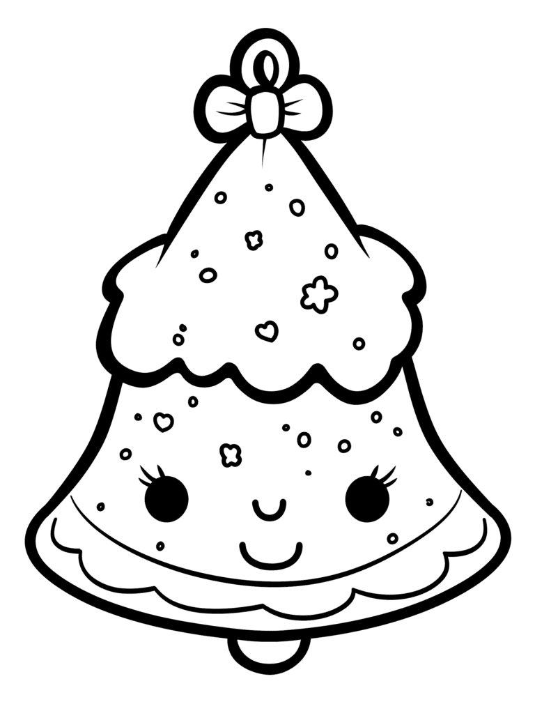 Adorable Smiling Holiday Bell with Decorative Patterns and Charming Bow Design Above Delicate Face and Playful Scalloped Edges Kids Christmas Printable Coloring Pages By Best Printable