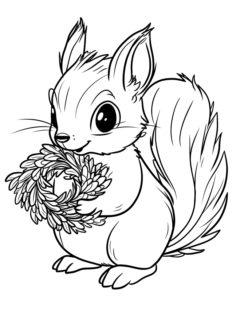 Friendly Cartoon Squirrel Holding a Cozy Pinecone Wreath With Expressive Eyes and Fluffy Tail in a Whimsical Woodland Setting Kids Christmas Printable Coloring Pages By Best Printable