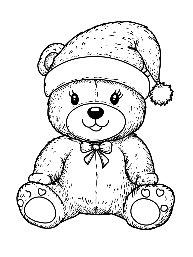 Cuddly Teddy Bear Wearing a Festive Santa Hat and a Charming Bowtie with Heart Shaped Paw Pads Seated Adorably on a Cozy Winter Day Kids Christmas Printable Coloring Pages By Best Printable
