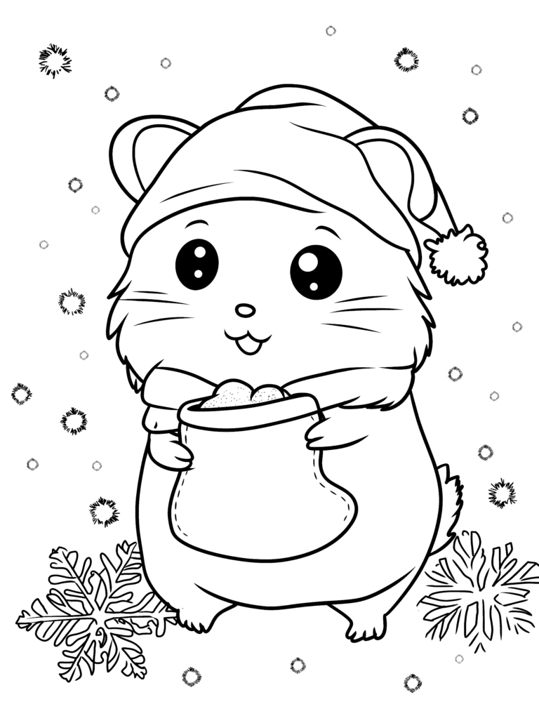 Adorable Festive Hamster with Santa Hat Holding a Cozy Sack of Goodies Amidst Snowflakes and Falling Snowflakes in a Whimsical Winter Wonderland Kids Christmas Printable Coloring Pages By Best Printable