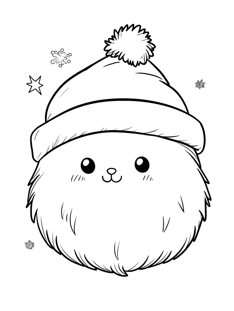 Adorable Fluffy Creature with a Cozy Winter Hat Surrounded by Snowflakes and a Shining Star Ready for Coloring Fun Kids Christmas Printable Coloring Pages By Best Printable