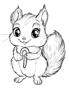 Adorable Wide-Eyed Squirrel Joyfully Holding a Festive Striped Candy Cane with Fluffy Tail and Soft Fur Kids Christmas Printable Coloring Pages By Best Printable