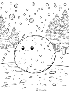 Charming Smiling Snowball in Enchanted Wintry Forest with Gently Falling Snowflakes and Majestic Evergreen Trees Kids Christmas Printable Coloring Pages By Best Printable