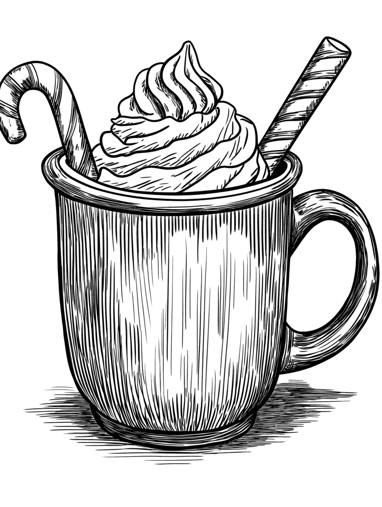 Delightful Mug of Hot Chocolate Topped with Swirling Whipped Cream Candy Cane and Wafer Stick in Detailed Illustration Style Kids Christmas Printable Coloring Pages By Best Printable