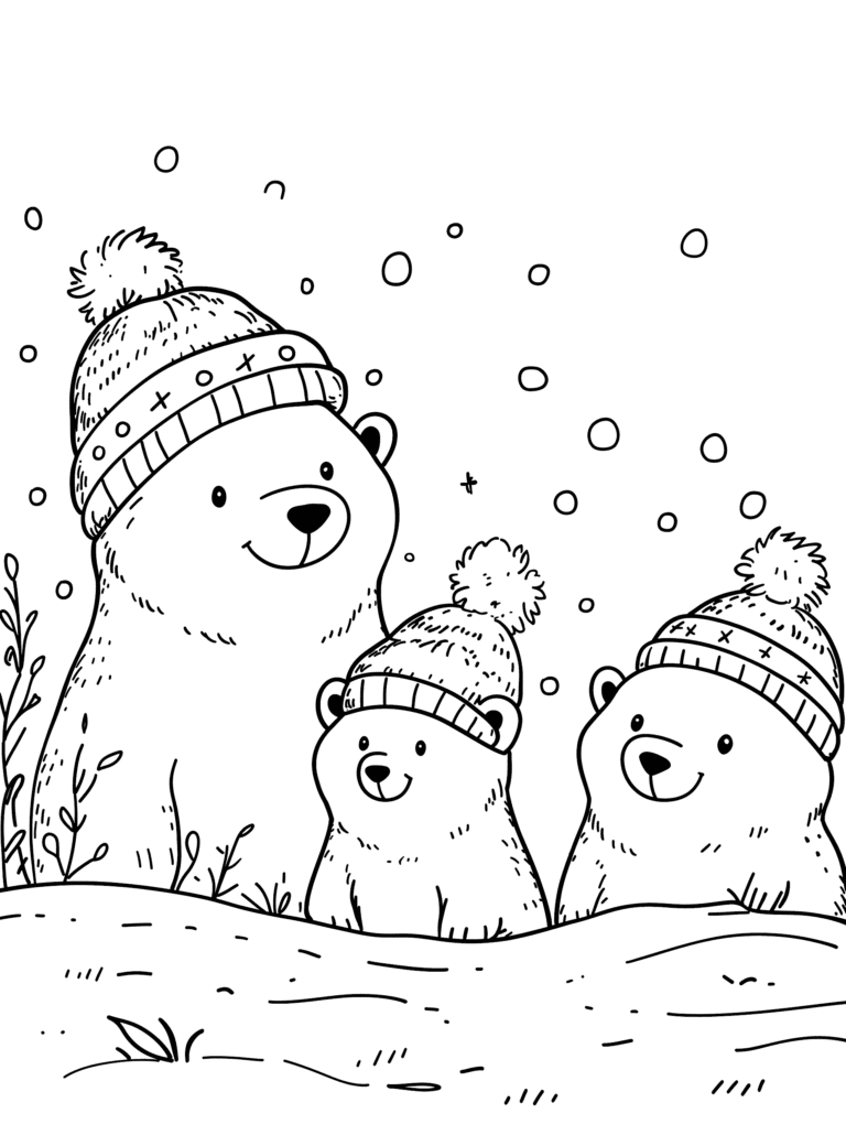 Adorable Polar Bear Family in Cozy Winter Hats Enjoying a Gentle Snowfall in a Serene Arctic Landscape with Snowflakes Drifting Through the Air Kids Christmas Printable Coloring Pages By Best Printable