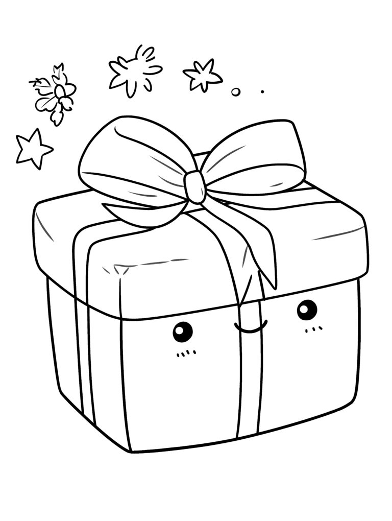Smiling Gift Box with Charming Bow and Playful Stars Floating Above in a Joyful Festive Scene Kids Christmas Printable Coloring Pages By Best Printable