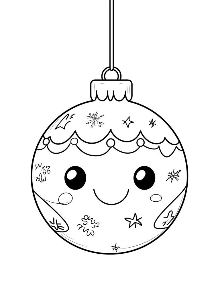 Cheerful Smiling Christmas Ornament Adorned with Intricate Festive Patterns and Playful Decorations Hanging from a String Kids Christmas Printable Coloring Pages By Best Printable