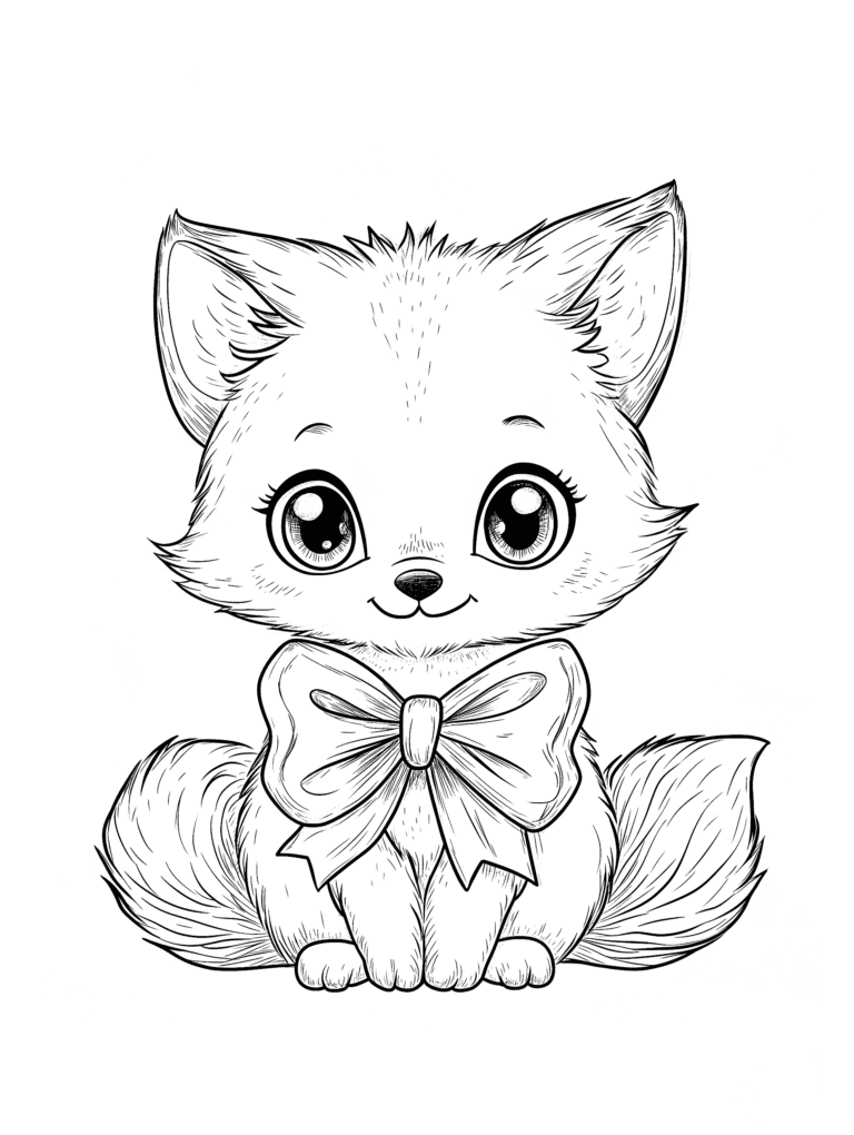 Adorable Fluffy Fox Cub With Big Sparkling Eyes and A Large Bow Sitting Happily on Its Tail-Lined Haunches in a Playful and Charming Pose Kids Christmas Printable Coloring Pages By Best Printable