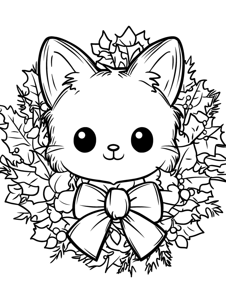 Adorable Fluffy Kitten with Big Whiskers and Round Cheeks Surrounded by a Festive Wreath of Holly Leaves and Berries Tied with a Large Ribbon Bow Kids Christmas Printable Coloring Pages By Best Printable