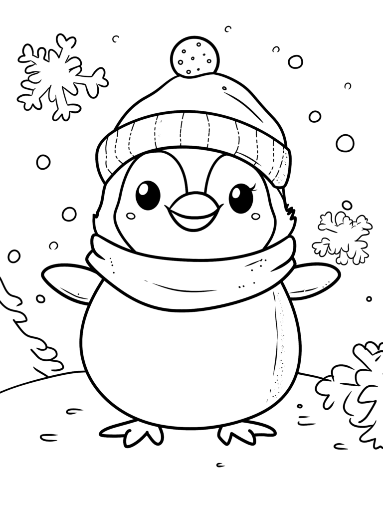 Adorable Penguin Enjoying a Winter Wonderland with Falling Snowflakes and Wearing a Cozy Knit Hat and Fluffy Scarf on a Snowy Day Kids Christmas Printable Coloring Pages By Best Printable
