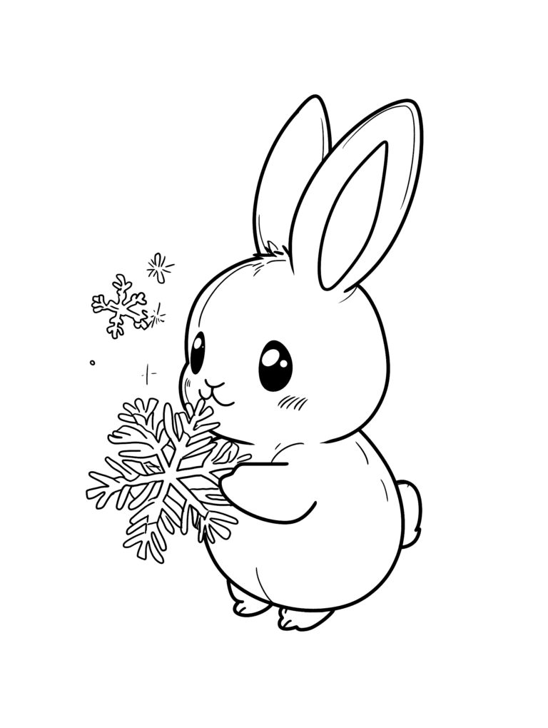 Adorable Fluffy Bunny Joyfully Holding a Large Intricately Designed Snowflake with Other Tiny Snowflakes Floating Gracefully in the Air Kids Christmas Printable Coloring Pages By Best Printable