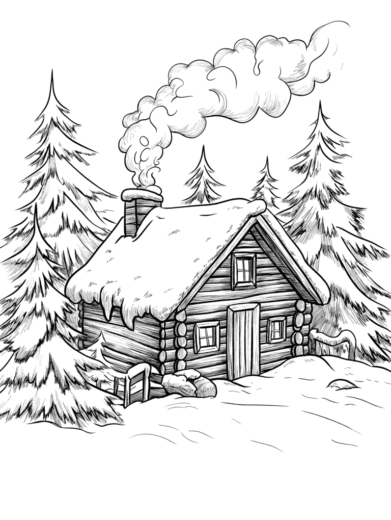 Cozy Winter Log Cabin Nestled Among Tall Snow-Covered Pine Trees with Smoke Gently Rising from the Stone Chimney and a Soft Blanket of Snow Covering the Roof and Surrounding Forest Floor Kids Christmas Printable Coloring Pages By Best Printable