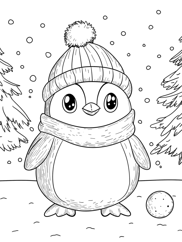 Adorable Penguin Wrapped in Winter Hat and Scarf Standing in Snowy Forest with Fluffy Snowflakes and Evergreen Trees Kids Christmas Printable Coloring Pages By Best Printable