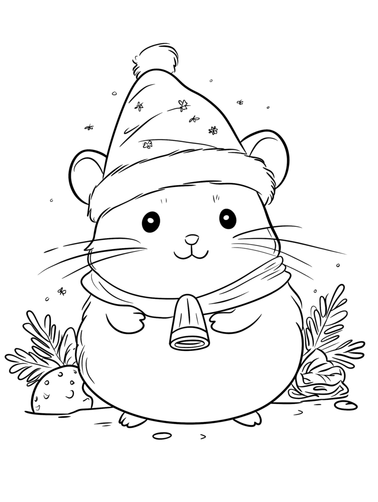 Adorable Hamster in Festive Winter Hat and Cozy Scarf Surrounded by Pine Branches and Snow-Covered Rocks in a Charming Woodland Scene Kids Christmas Printable Coloring Pages By Best Printable