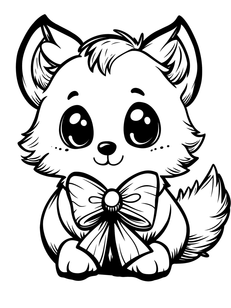 Adorable Fluffy Puppy with Big Shiny Eyes and a Large Bow Sitting Happily with Fluffy Tail and Perky Ears Ready for a Colorful Adventure Kids Christmas Printable Coloring Pages By Best Printable