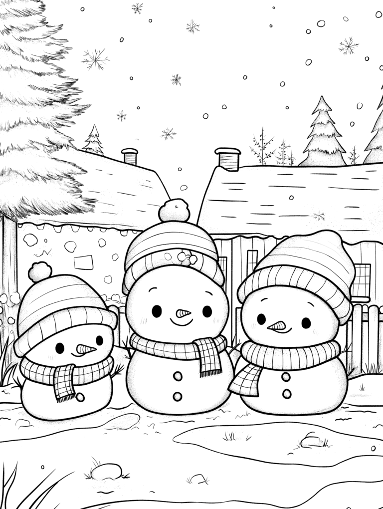 Adorable Trio of Snowmen with Cozy Scarves and Hats in a Snowy Village Scene with Falling Snowflakes and Charming Winter Cottages Surrounded by Tall Evergreen Trees Kids Christmas Printable Coloring Pages By Best Printable