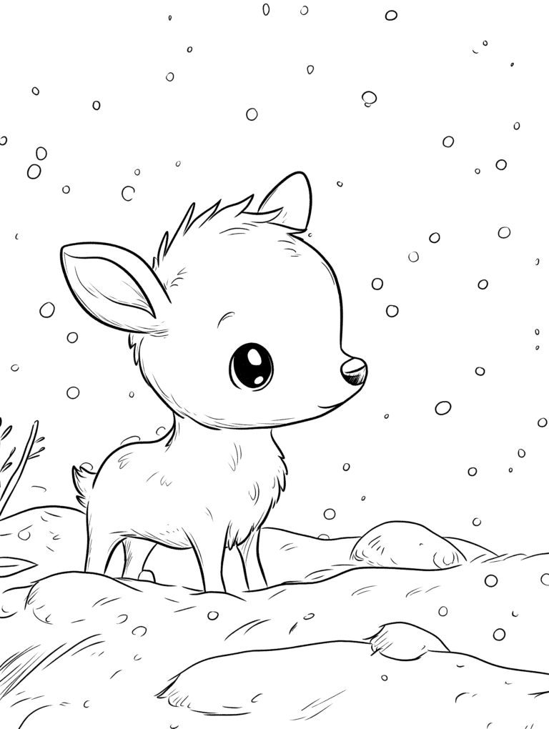 Adorable Young Fawn Standing in a Gently Falling Snowy Winter Wonderland Scene Kids Christmas Printable Coloring Pages By Best Printable
