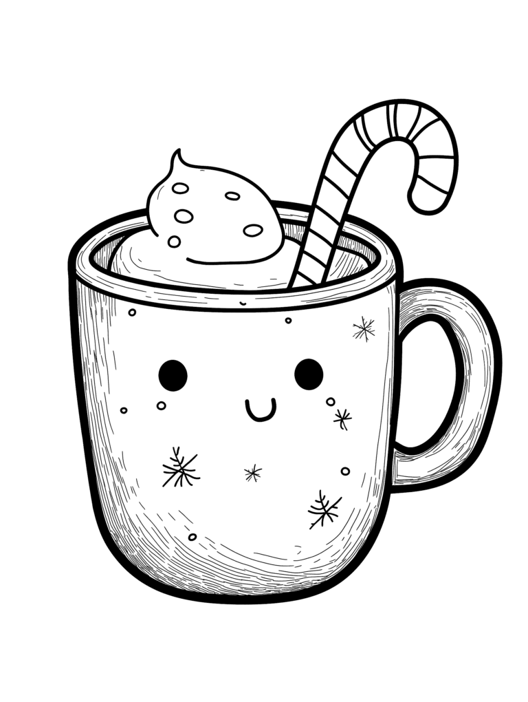 Smiling Hot Chocolate Mug with Dollop of Whipped Cream and Striped Candy Cane in a Cozy Snowflake Winter Design Kids Christmas Printable Coloring Pages By Best Printable