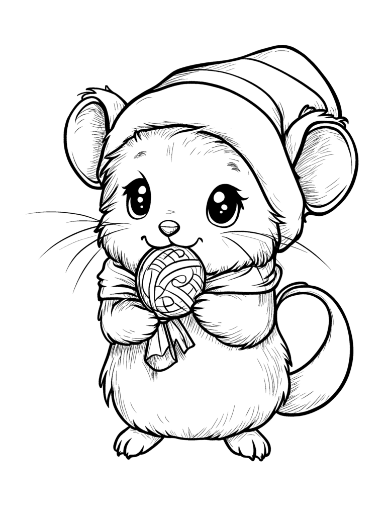 Adorable Fluffy Mouse in a Cozy Scarf and Festive Hat Holding a Deliciously Wrapped Sweet Treat Kids Christmas Printable Coloring Pages By Best Printable