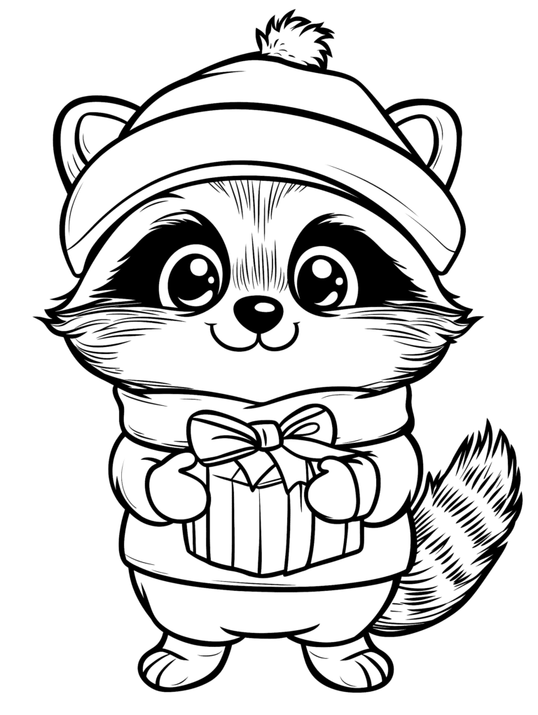 Adorable Fluffy Raccoon Dressed in Cozy Winter Hat and Scarf Holding a Festive Gift Box with a Bow and Bright Happy Eyes Kids Christmas Printable Coloring Pages By Best Printable