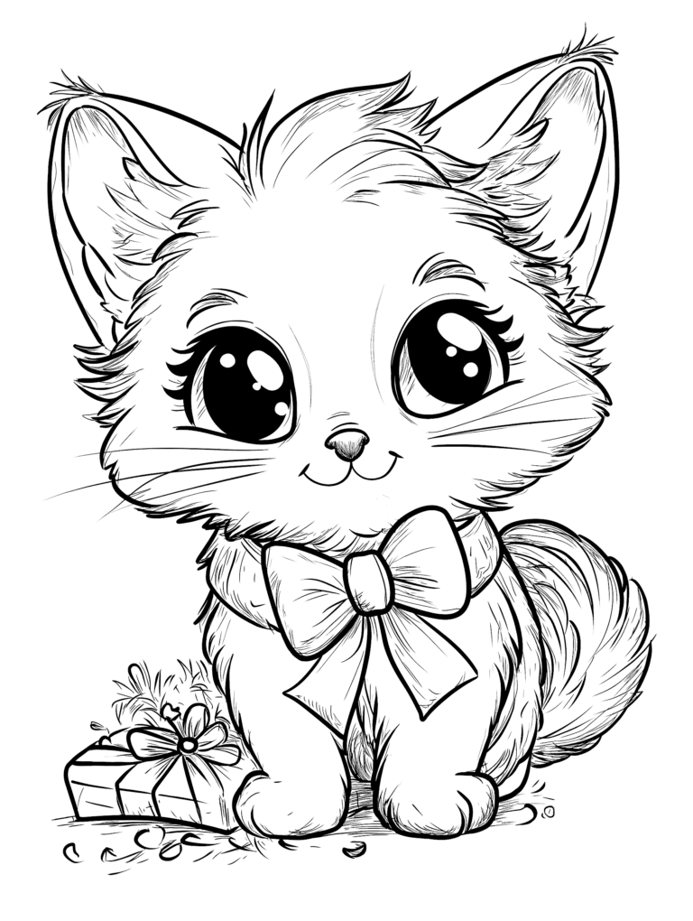Adorable Fluffy Kitten with Wide Sparkling Eyes Wearing a Large Ribbon Sitting Happily Beside a Neatly Wrapped Gift Box with Bow Surrounded by Small Scattered Leaves Kids Christmas Printable Coloring Pages By Best Printable