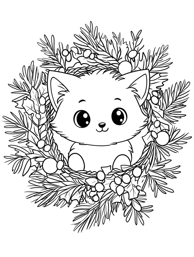 Adorable Fluffy Kitten Nestled Inside a Festive Christmas Wreath with Pine Needles Holly and Berries Kids Christmas Printable Coloring Pages By Best Printable