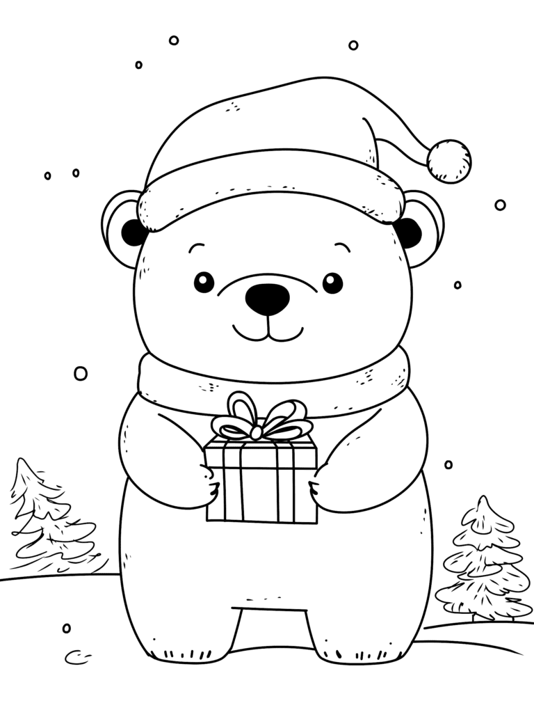 Adorable Bear Wearing a Santa Hat and Cozy Scarf Holding a Gift Box in a Snowy Winter Wonderland with Pine Trees and Falling Snowflakes Kids Christmas Printable Coloring Pages By Best Printable