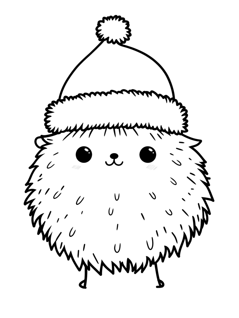 Adorable Fluffy Hedgehog Dressed in a Festive Santa Hat with a Large Pom-pom Standing Cheerfully Ready for Holiday Adventures Kids Christmas Printable Coloring Pages By Best Printable