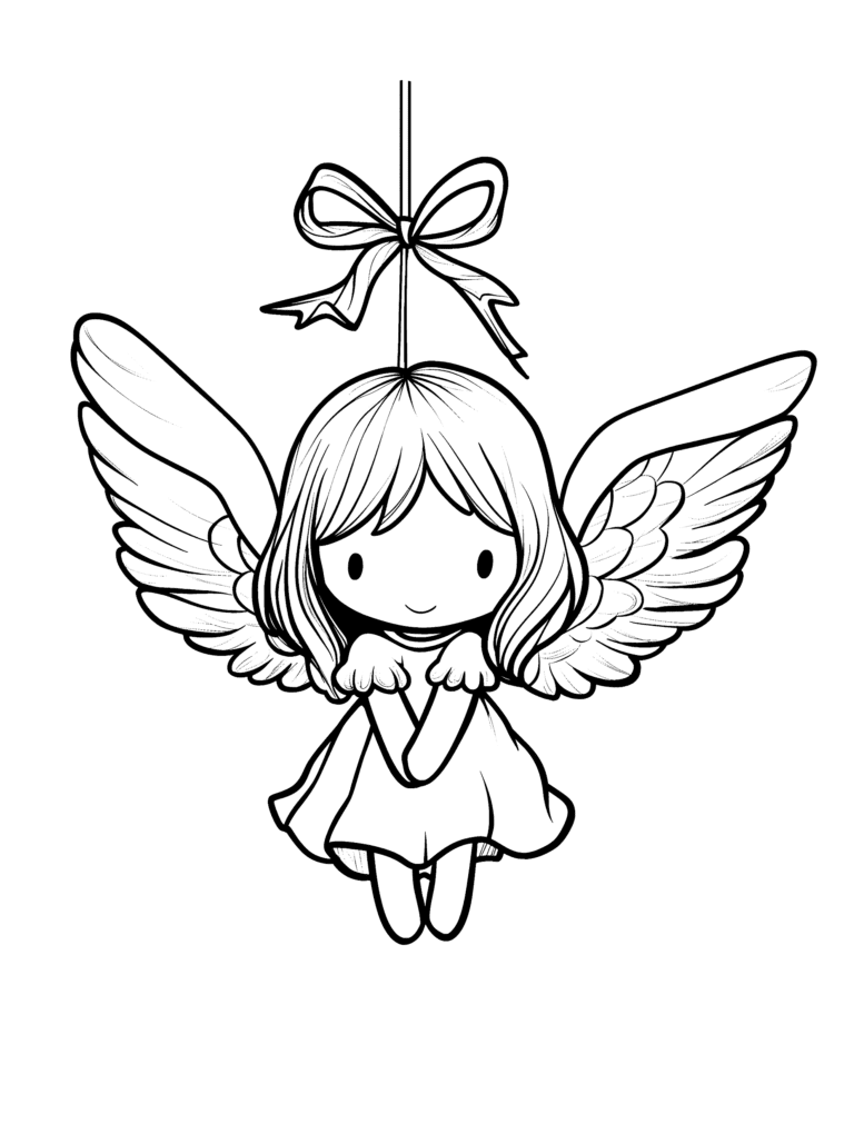 Adorable Cartoon Angel with Fluffy Wings and Flowing Hair Hanging Gracefully from a String Adorned with a Ribbon Bow Kids Christmas Printable Coloring Pages By Best Printable