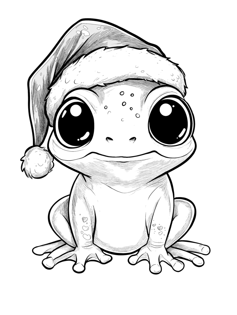 Cute Wide-Eyed Frog Wearing a Festive Santa Hat with Heart Details on the Knees and Large Expressive Eyes Perfect for Holiday Coloring Fun Kids Christmas Printable Coloring Pages By Best Printable