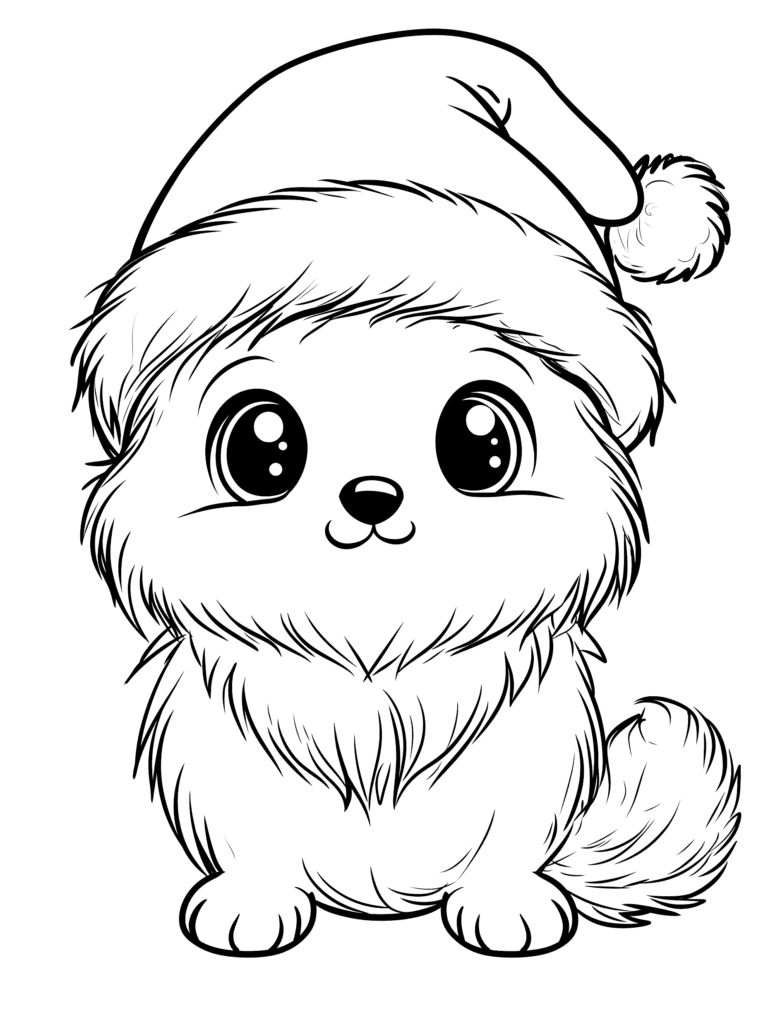 Adorable Fluffy Puppy with Big Sparkling Eyes Wearing a Cozy Santa Hat Featuring a Soft Bushy Tail and a Sweet Smile Perfect for Festive Holiday Cheer Kids Christmas Printable Coloring Pages By Best Printable