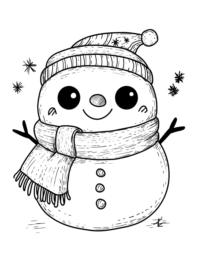 Smiling Snowman with Cozy Scarf and Knitted Hat Surrounded by Falling Snowflakes in a Winter Wonderland Scene Kids Christmas Printable Coloring Pages By Best Printable