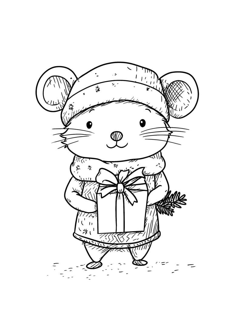 Charming Mouse Dressed in Cozy Winter Attire Holding a Gift Box with Evergreen Sprig in Cheerful Holiday Scene Kids Christmas Printable Coloring Pages By Best Printable
