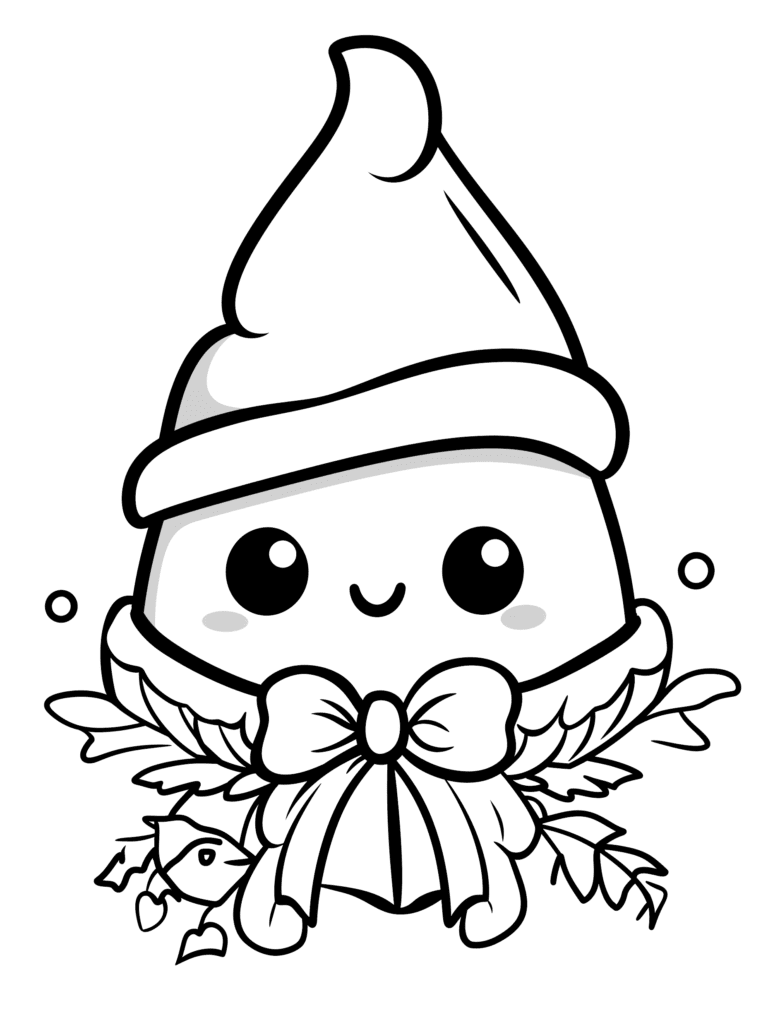 Adorable Winter-Themed Kawaii Cupcake with Festive Hat and Charming Bow Surrounded by Delicate Holly Leaves and Berries in a Cheerful Holiday Scene Kids Christmas Printable Coloring Pages By Best Printable