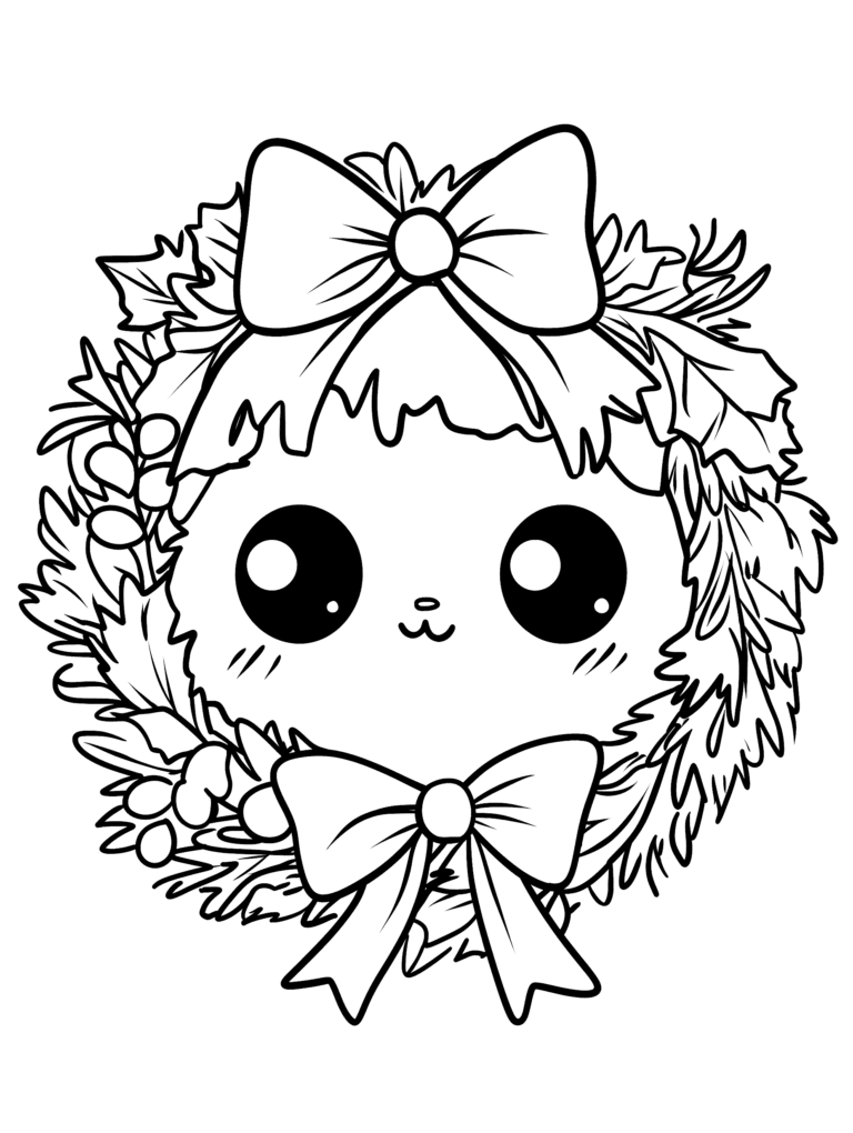 Adorable Round Face with Large Eyes Surrounded by Festive Holiday Wreath of Leaves and Berries Complete with Big Bows on Top and Bottom Kids Christmas Printable Coloring Pages By Best Printable