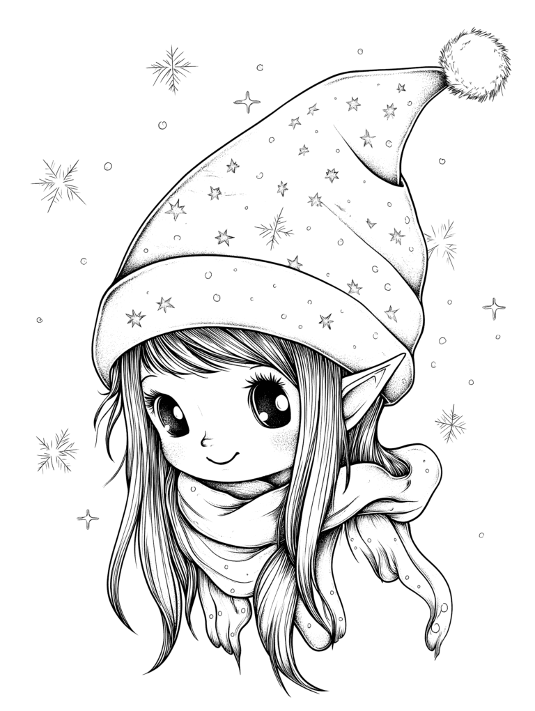 Cute Festive Elf with a Starry Hat and Cozy Scarf Surrounded by Whimsical Snowflakes Kids Christmas Printable Coloring Pages By Best Printable
