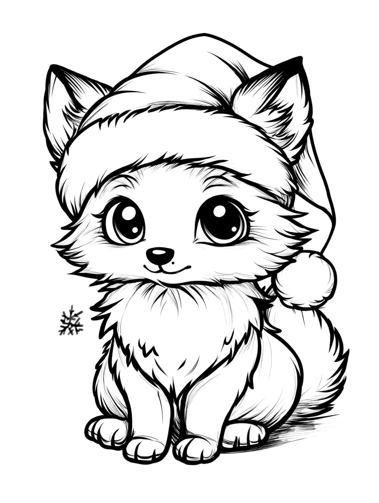 Adorable Festive Furry Fox Cub with Big Bright Eyes Wearing a Fluffy Christmas Santa Hat Sitting Sweetly with an Endearing Expression Kids Christmas Printable Coloring Pages By Best Printable