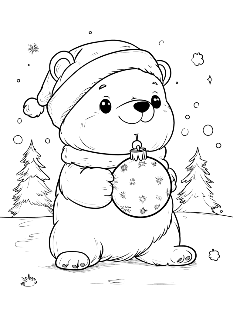 Adorable Winter Bear Dressed in Festive Santa Hat Delights in Snowy Forest Holding a Beautifully Decorated Christmas Ornament Adorned with Delicate Snowflakes Surrounded by Gently Falling Snow and Pine Trees Kids Christmas Printable Coloring Pages By Best Printable