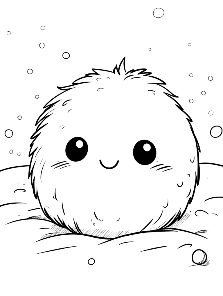 Adorable Fluffy Creature with Big Round Eyes and Happy Smile Resting on a Soft Cushion of Snowflakes with Floating Bubbles and Gentle Shading Creating a Playful Winter Wonderland Kids Christmas Printable Coloring Pages By Best Printable