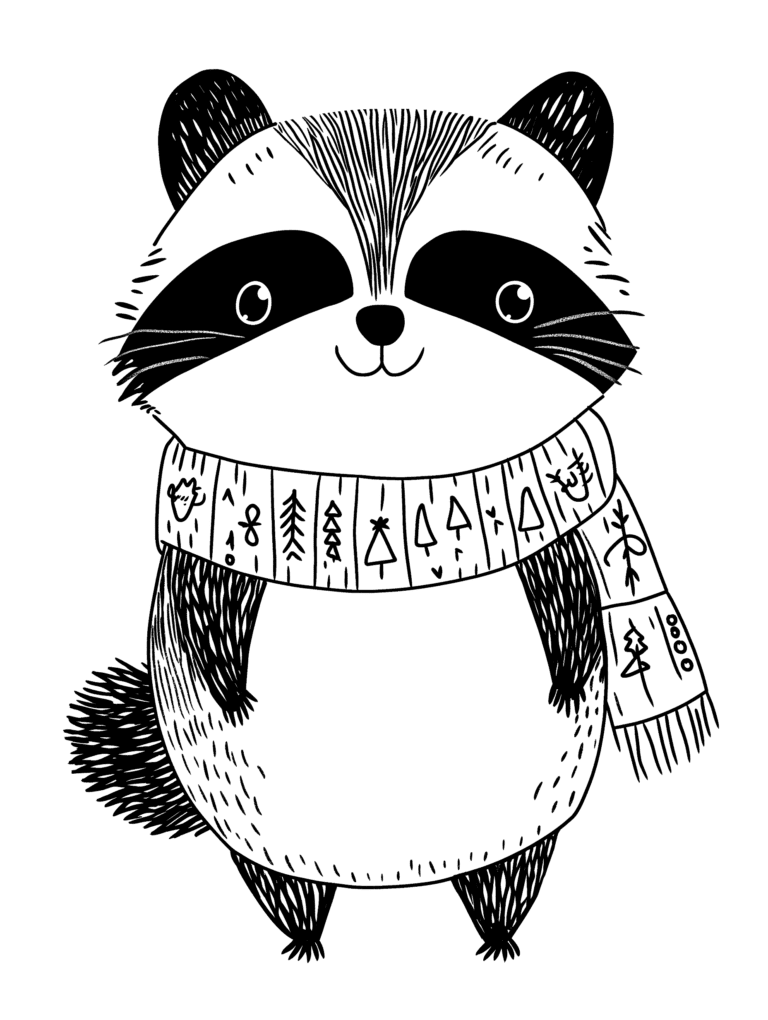 Cute Fluffy Raccoon with Big Curious Eyes Wearing a Cozy Patterned Scarf with Forest and Nature Motifs Standing Cheerfully with a Bushy Tail in a Simple Black and White Illustration Kids Christmas Printable Coloring Pages By Best Printable