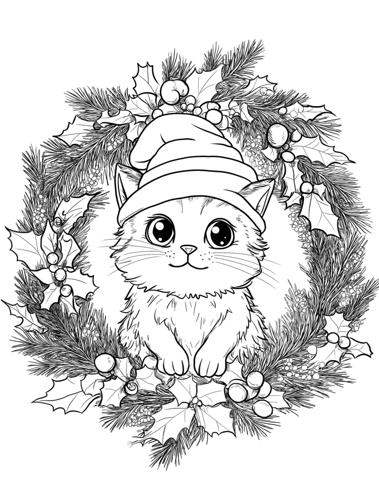 Adorable Kitten with Big Eyes Wearing a Festive Santa Hat Sitting Cheerfully at the Heart of a Beautifully Detailed Christmas Wreath Adorned with Holly Berries Pine Branches and Delicate Leaves Kids Christmas Printable Coloring Pages By Best Printable